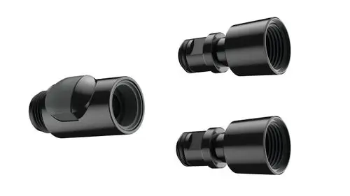 Drei schwarze Schnellkupplungen von Hansgrohe mit verschiedenen Anschlussformen, geeignet für Wasseranschlüsse oder Gartenwerkzeuge.